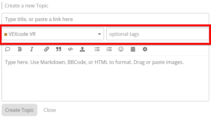 VEX PD+ Community page showing the Create a Post option and the tag selection highlighted.