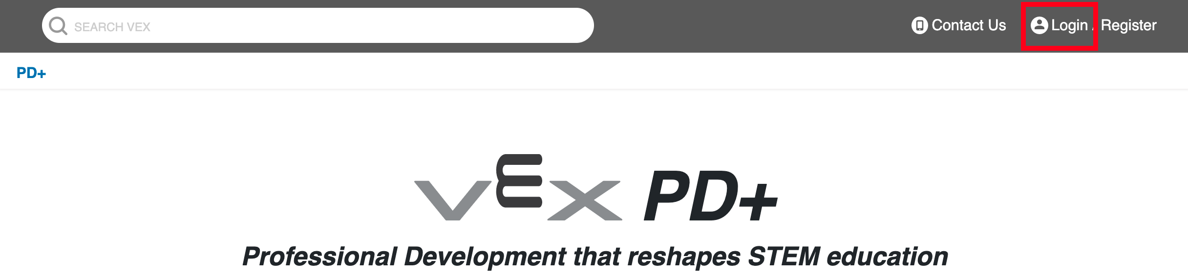 PD+ homepage with the Login option in the upper right corner highlighted.