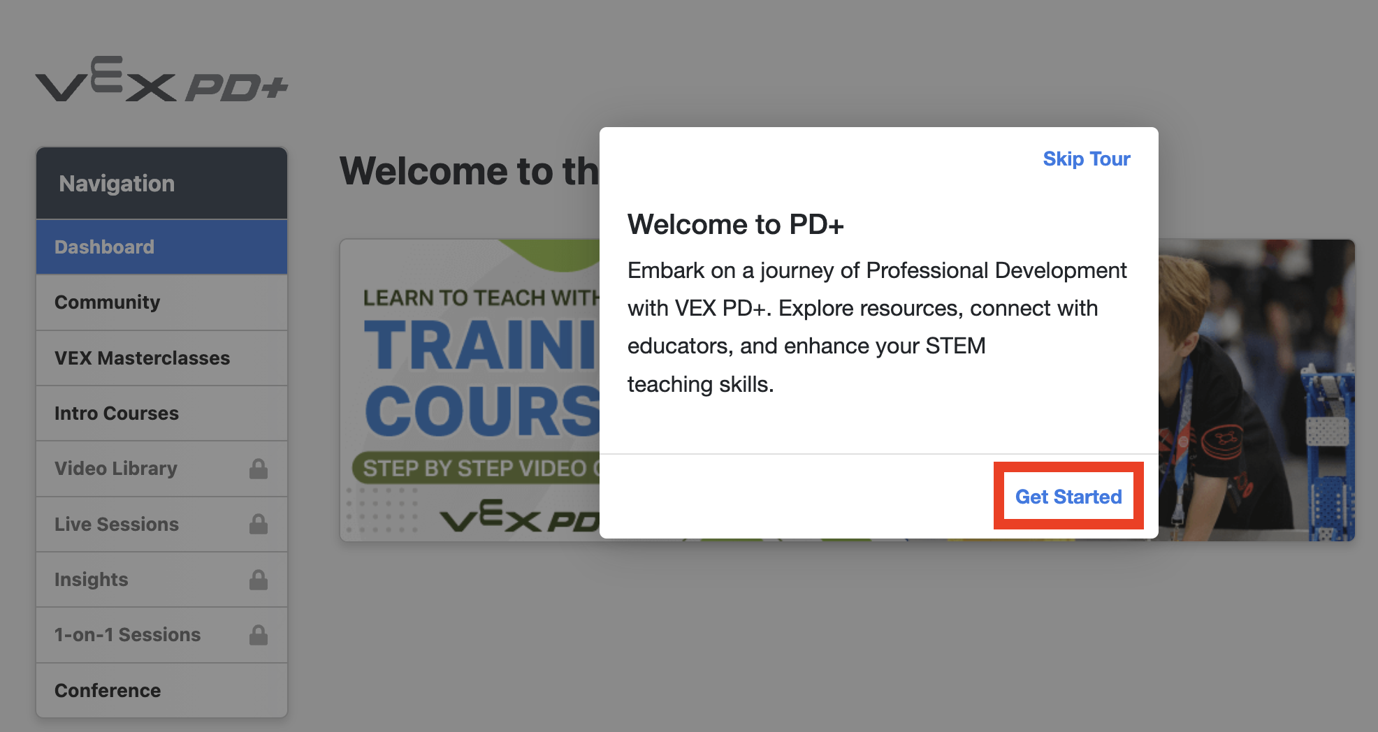 PD+ Get Started Tour, with the Get started button in the bottom of the prompt window highlighted.