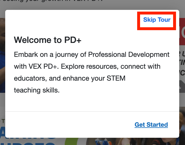 PD+ Get Started Tour dialog with the Skip Tour option in the upper right highlighted.
