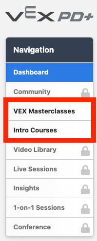PD+ Navigation menu with Masterclasses and Intro course options highlighted.