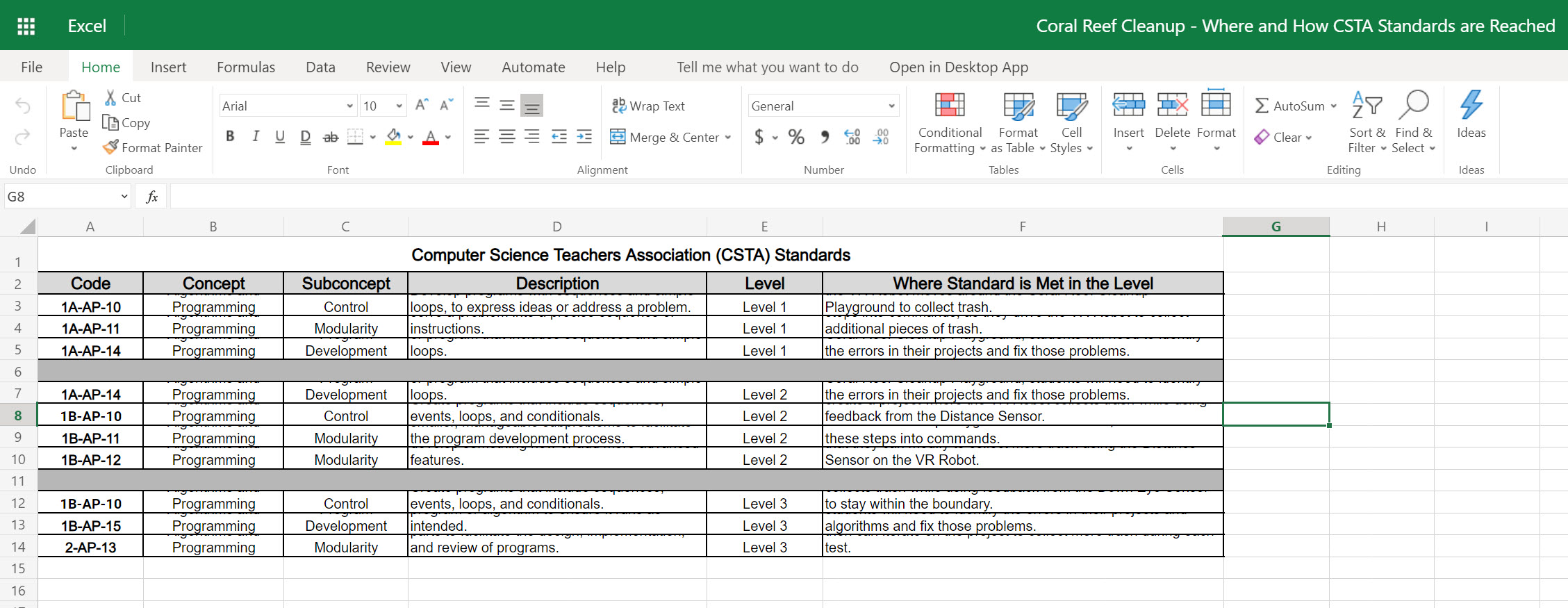 Spreadsheet aligning CSTA standards with VEXcode VR materials