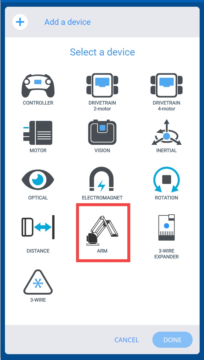 Arm device option is highlighted in the Select a Device menu.