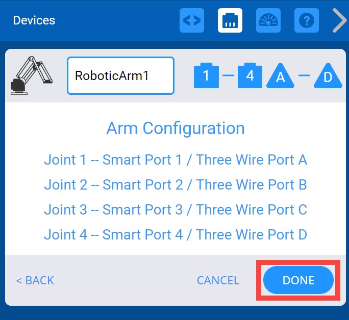 Arm Configuration menu with the Done button highlighted below.