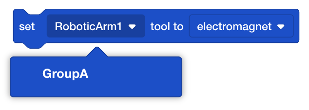 VEXcode Set tool block with the device dropdown menu opened to select the new Arm name.