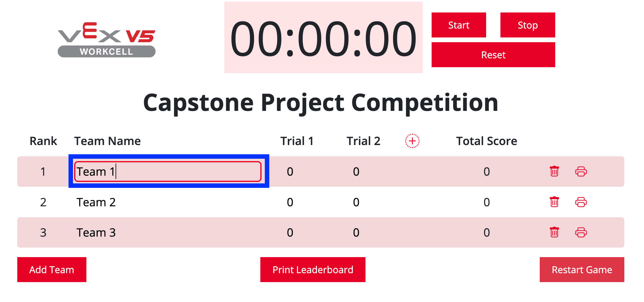 V5 Workcell Leaderboard with a team's name selected and highlighted, showing that it can be customized.