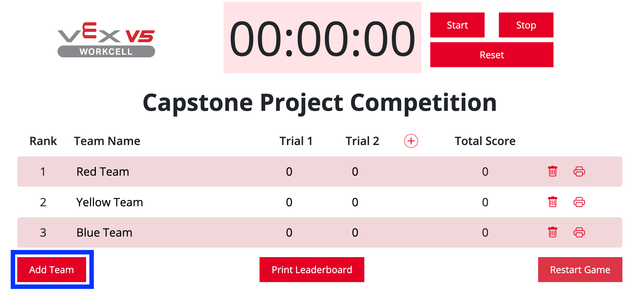 V5 Workcell Leaderboard with the Add Team button highlighted in the bottom left corner.