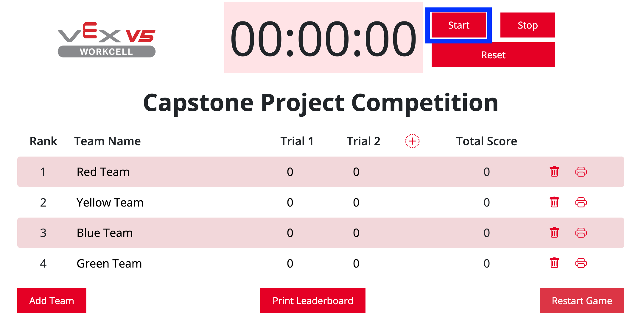 V5 Workcell Leaderboard with the Start button highlighted to the right of the timer.