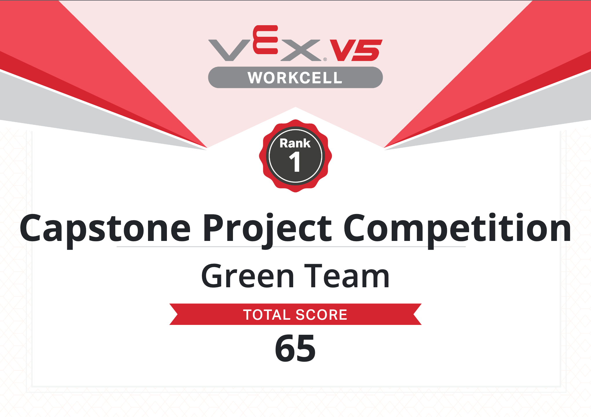 V5 Workcell Leaderboard team certificate. It reads Rank 1, Capstone Project Competition, Green Team, Total Score 65.