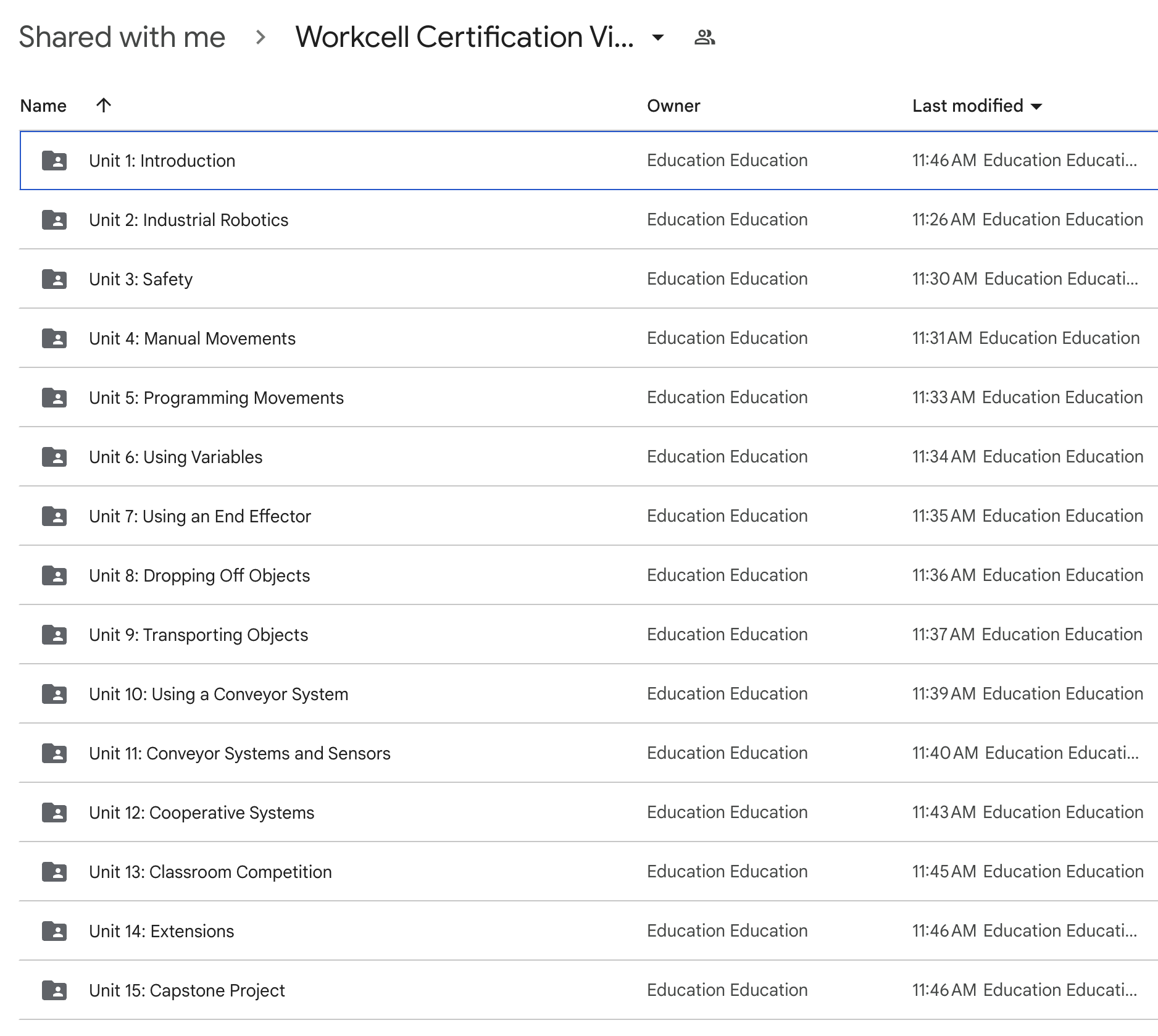 Google Drive Workcell Certification Videos folder is shown with sub-folders for each of the Units.