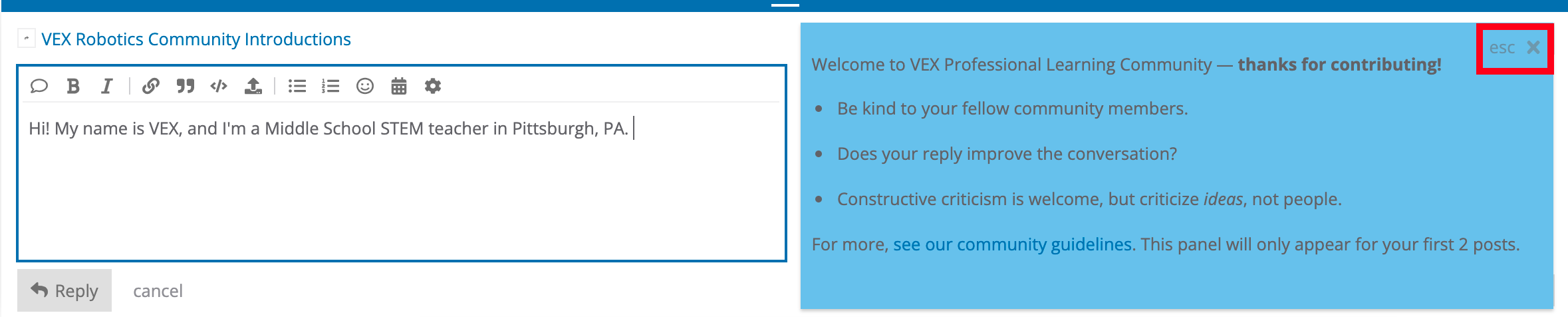 The Composition Window showing a started post, with the esc button in the upper right corner highlighted.