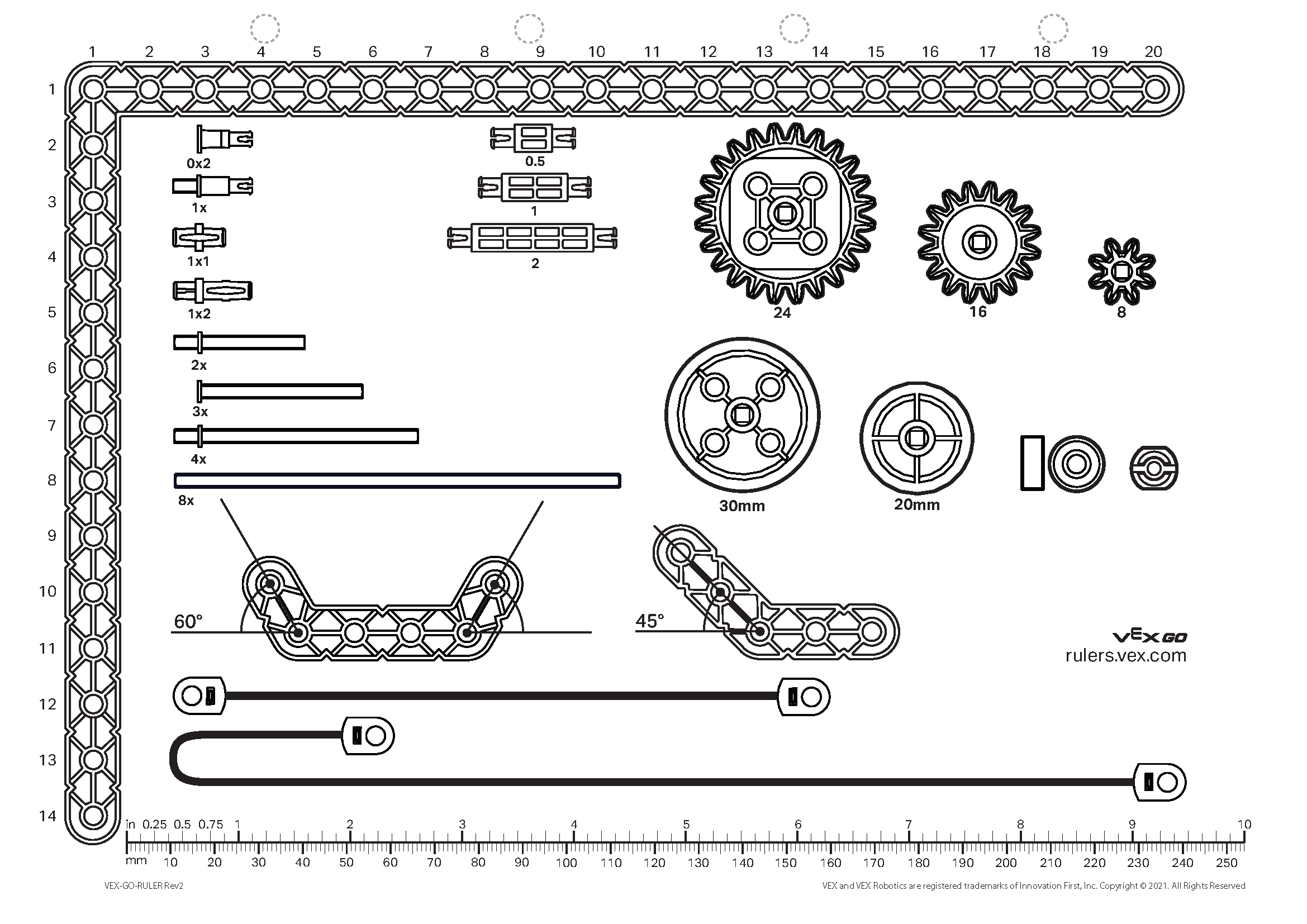Printable VEX GO parts ruler with measurement markings for identifying part sizes in A4 size