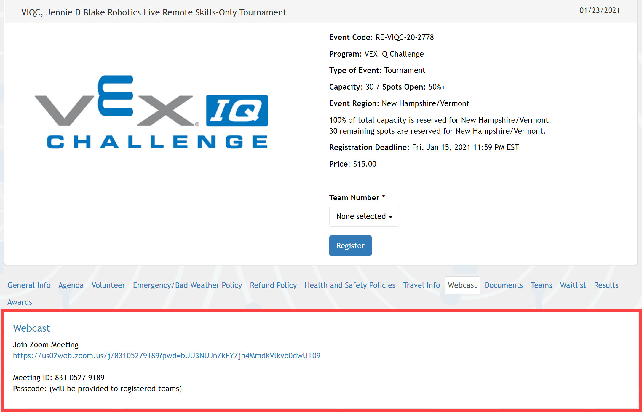 A screenshot of the VEX IQ Challenge event details with the remote event information like Zoom links highlighted.
