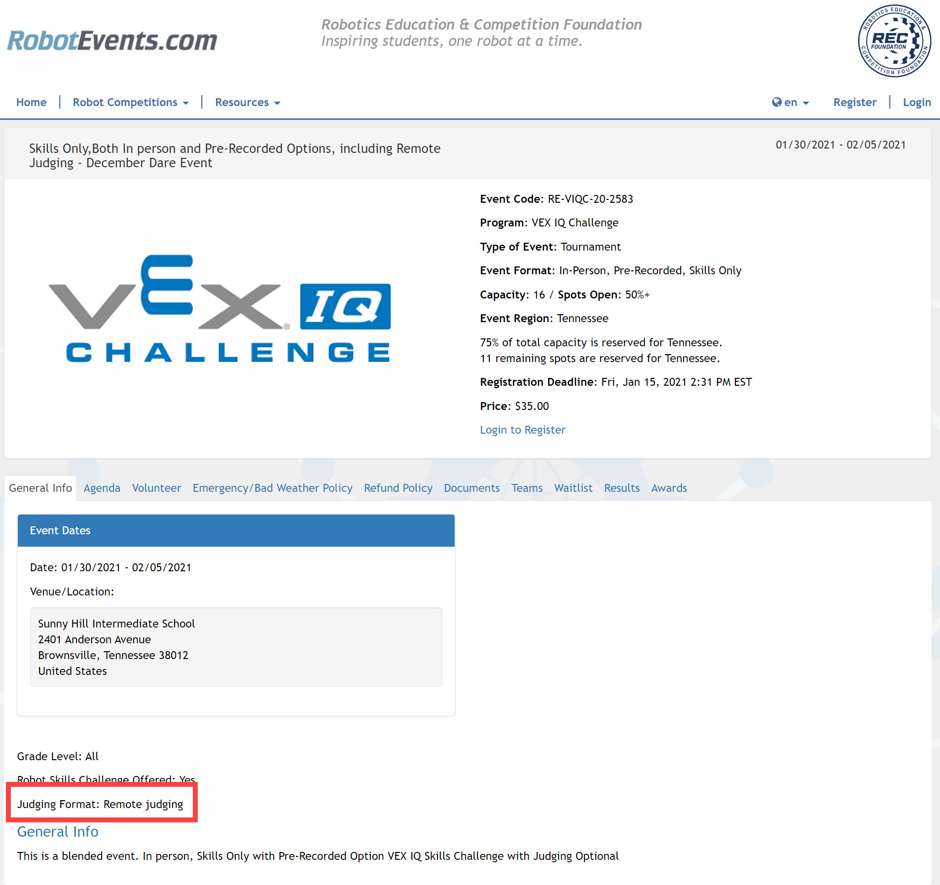 A screenshot of Robot Events page with event details and the Judging options in the lower left corner highlighted.