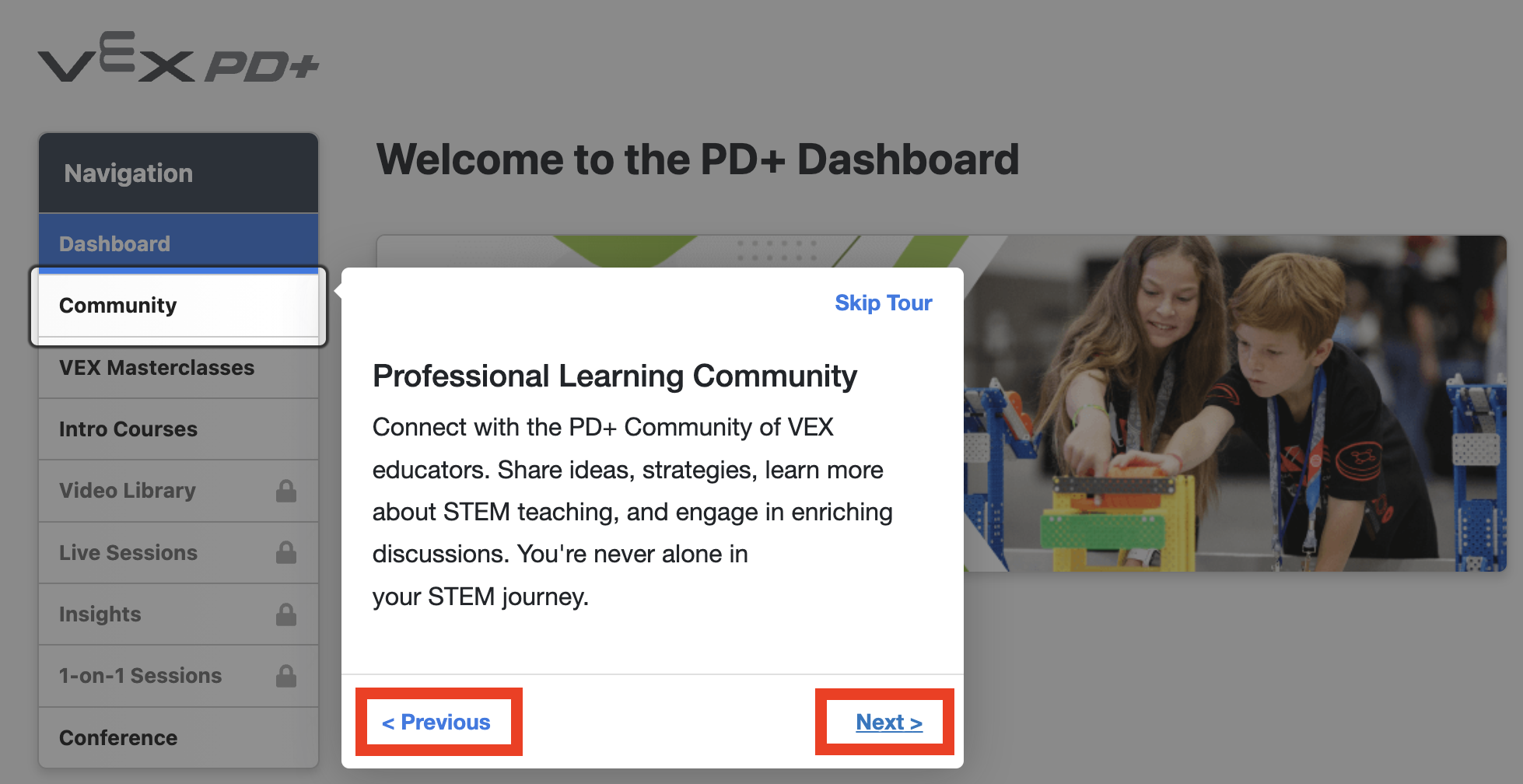 PD+ Get Started Tour dialog with the Previous and Next button on the bottom left and right corners respectively, highlighted.