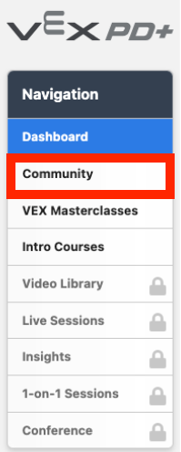 PD+ Navigation menu with the Community option highlighted.