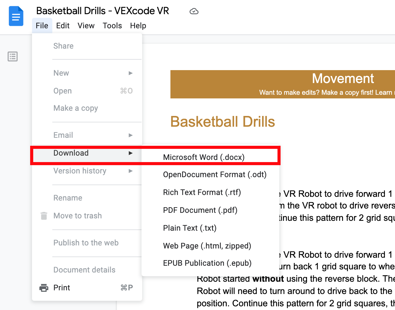 Google doc Download menu options with the Microsoft Word docx option highlighted.