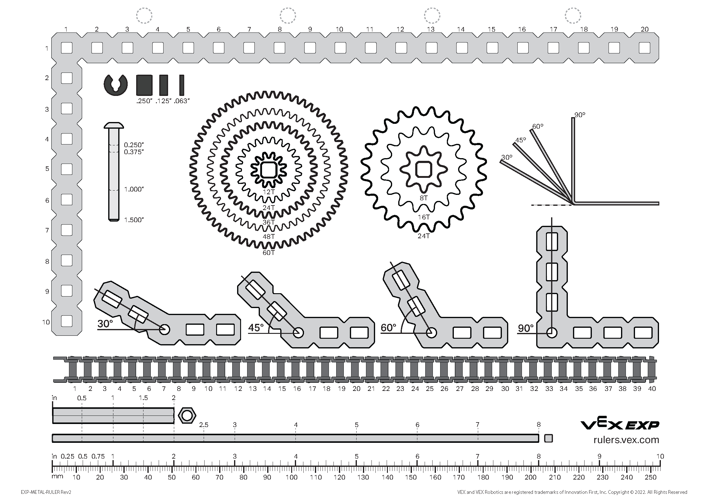 Printable VEX EXP parts ruler showing measurement scales for identifying part lengths