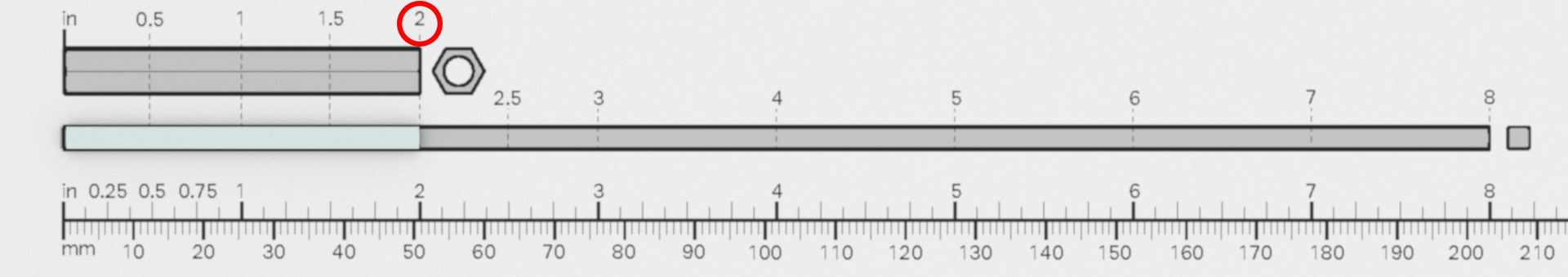 Printable VEX EXP parts ruler with inch and millimeter measurements for identifying part sizes