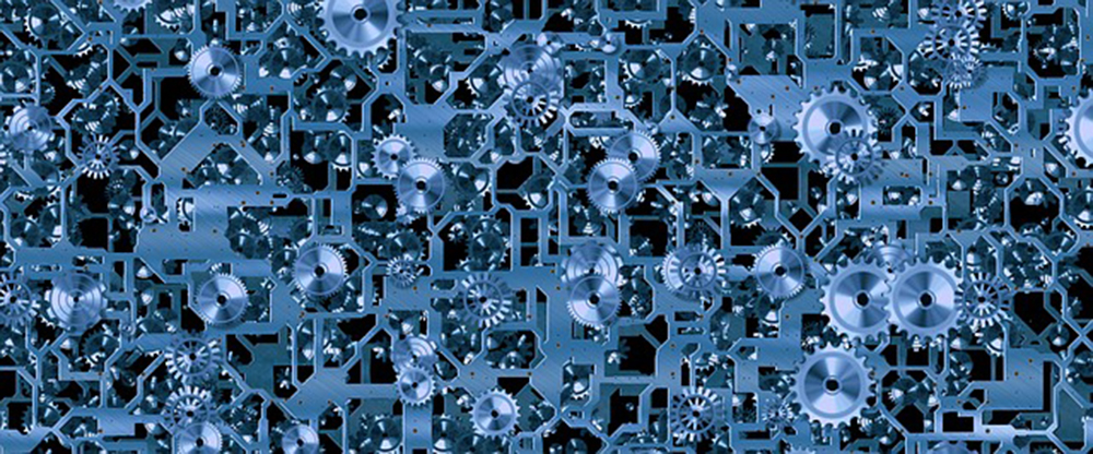 Gears and inerlinked circuitry representing engineering and robotics