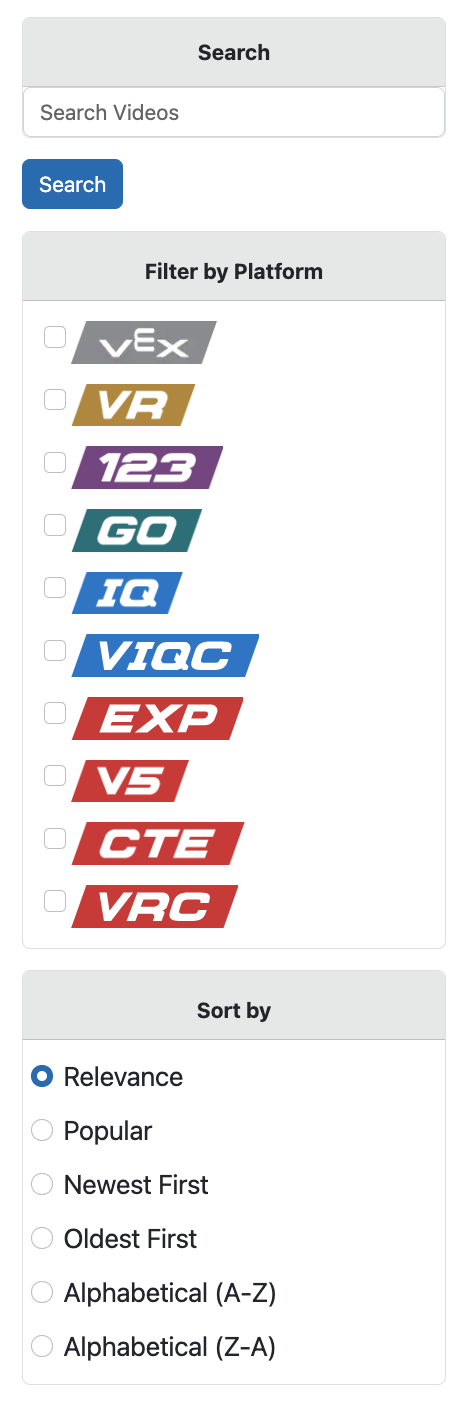 Side menu for the VEX Video Library page, with options to sort videos by platform and a keyword search.