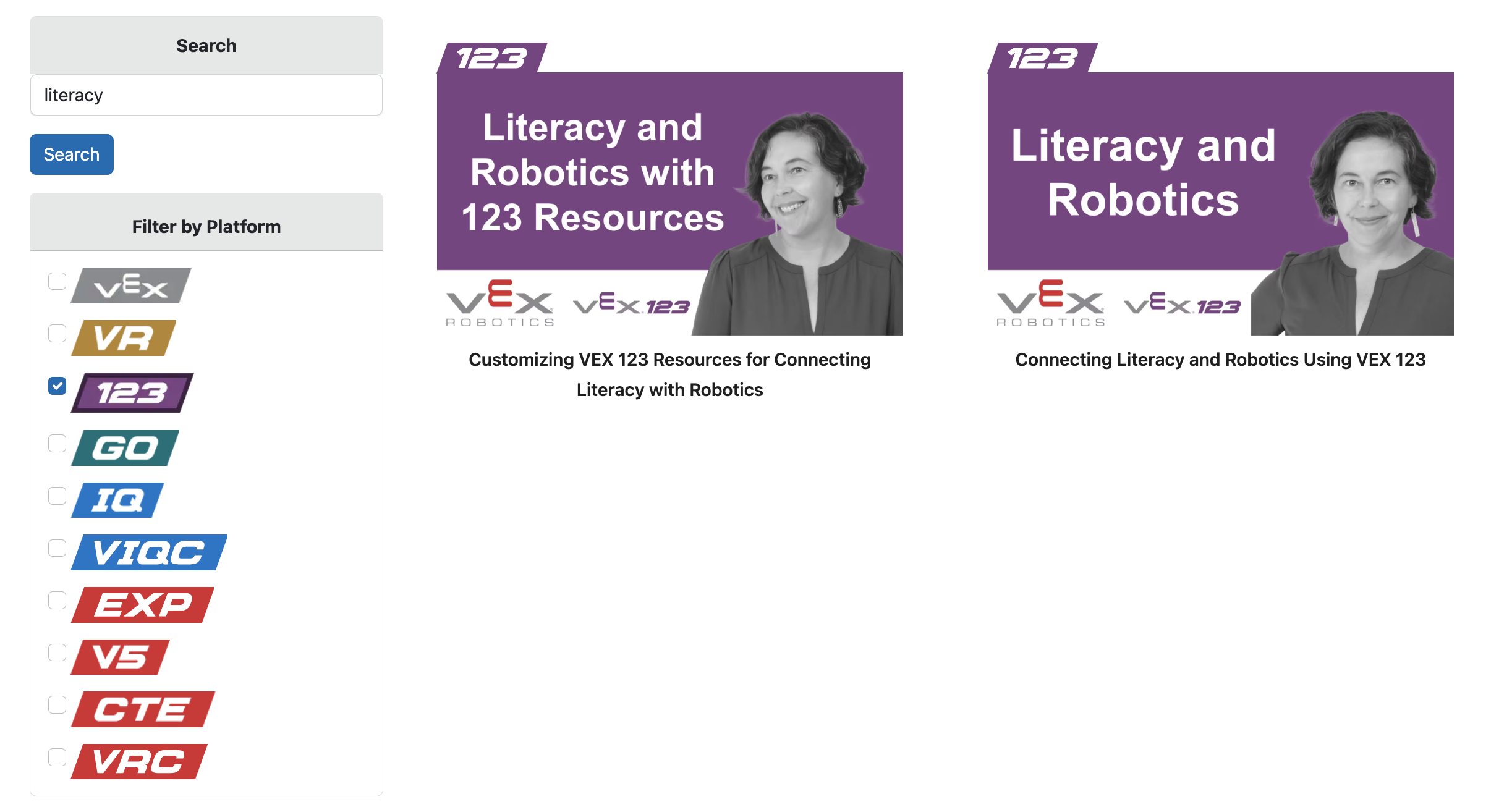 VEX Video Library with the 123 Platform selected and only videos discussing the 123 Platform are shown.