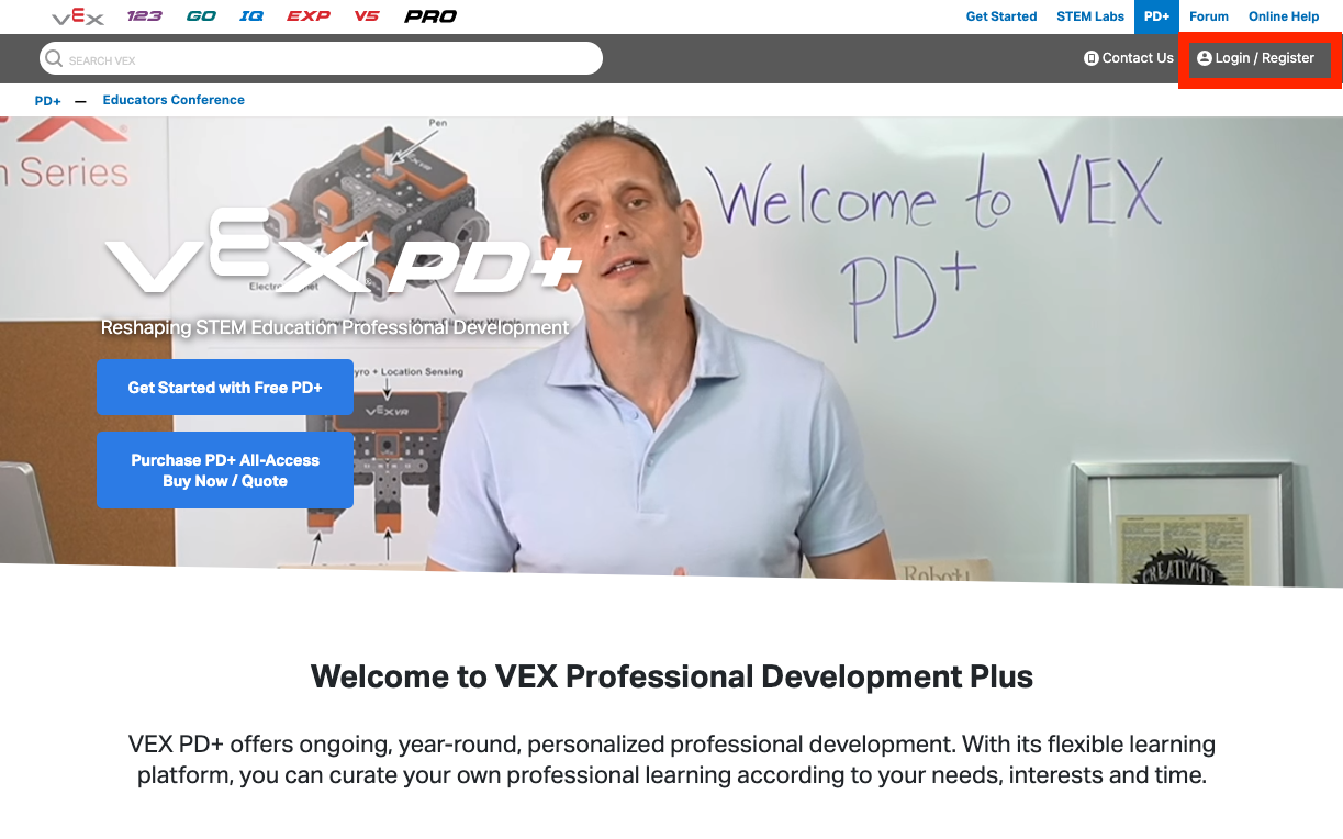 VEX PD+ website with the Login / Register button highlighted in the top right corner.