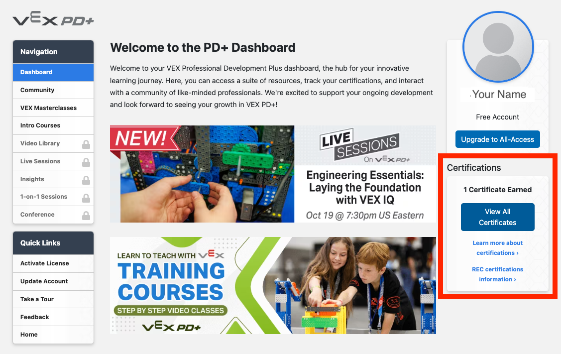 PD+ Dashboard with the Certifications section highlighted.