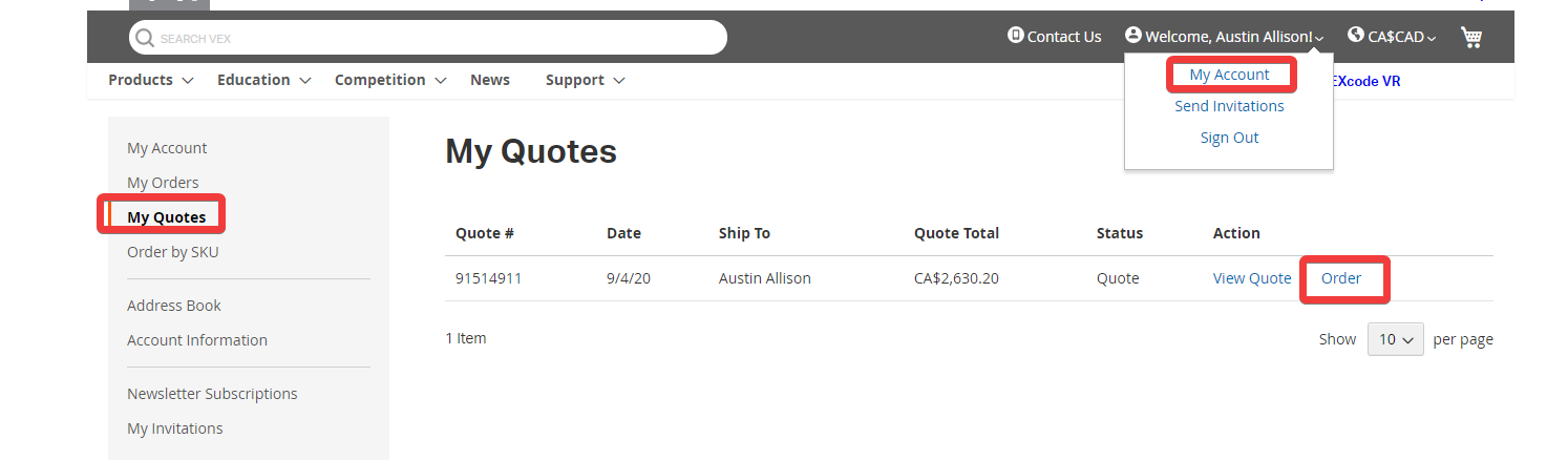 My Quotes page as part of the My Account options, showing the Order option for an available quote on the right hand side.