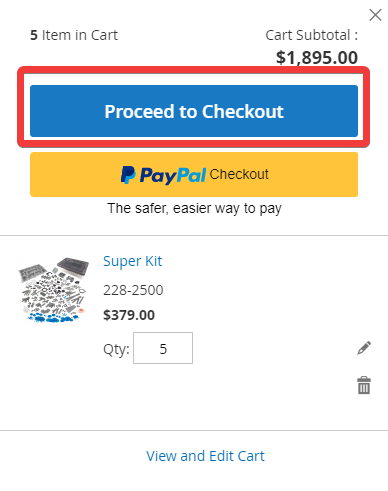 The cart summary on the VEX Robotics webpage with the Proceed to Checkout button highlighted.