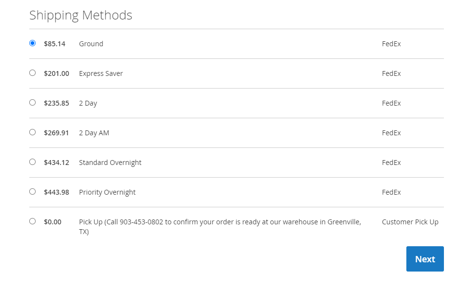 Shipping methods from ground, to express options as well as Pick Up are listed with their associated costs, with the ground option selected.