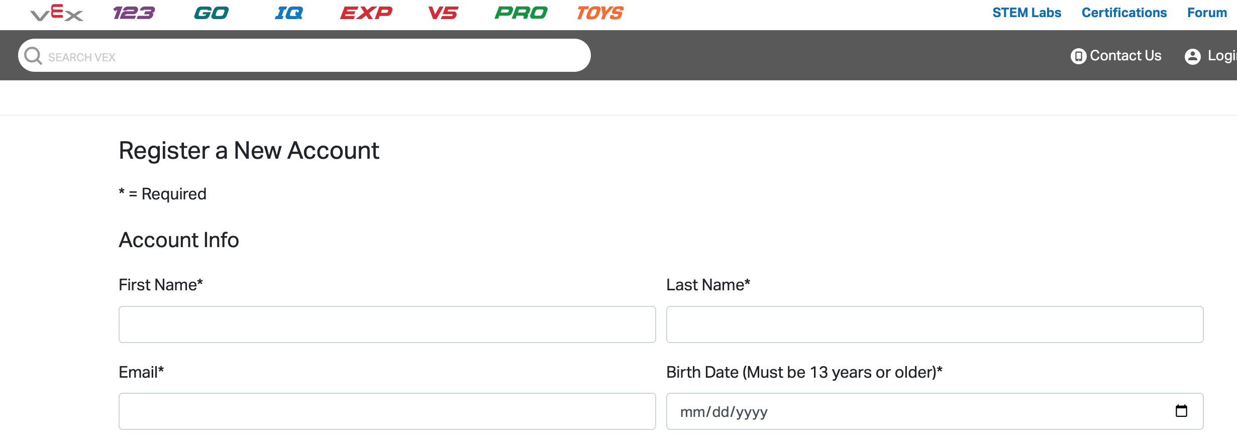 VEX account sign-in page with options to create a new account or log in