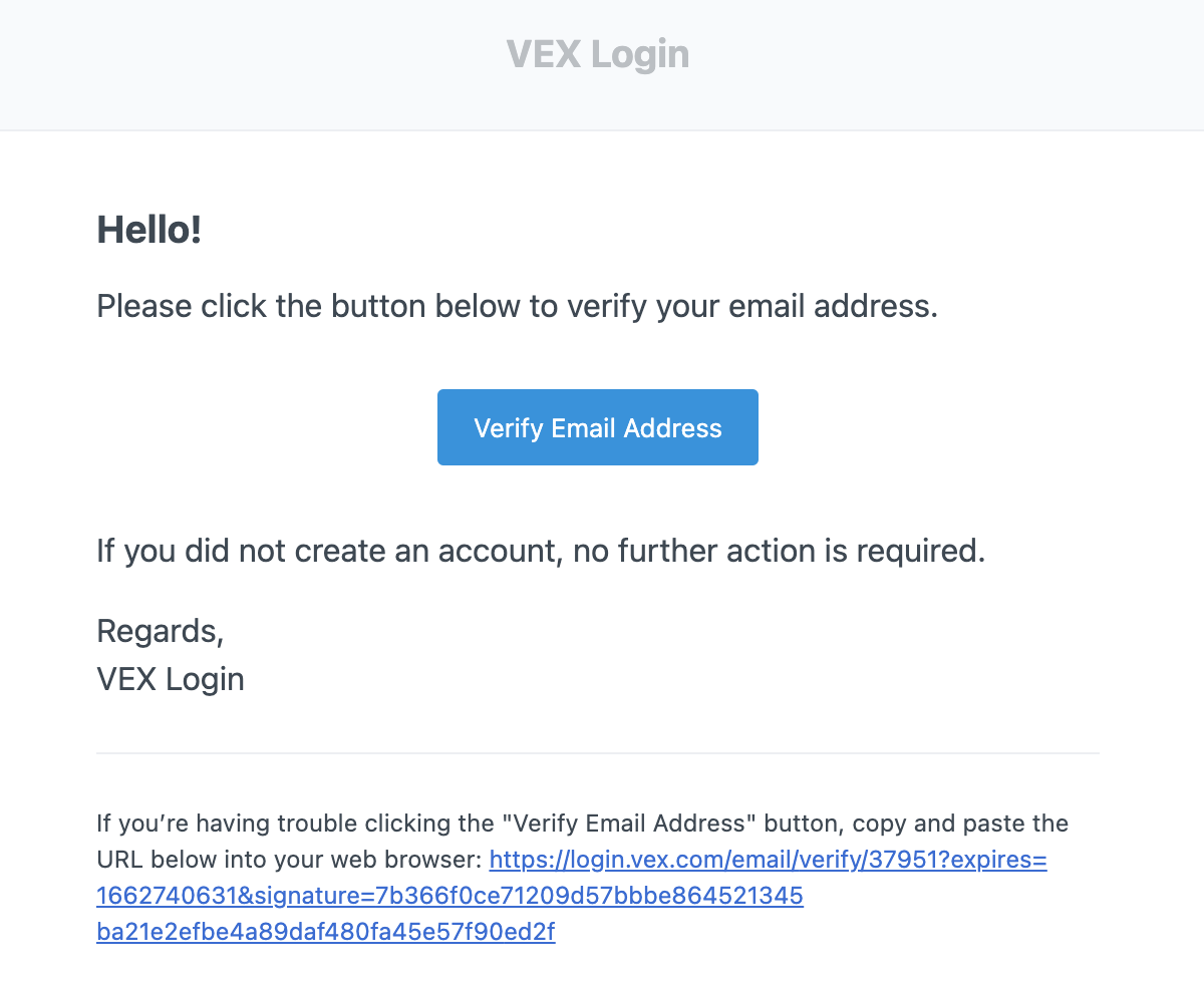 Button to click to verify an email address when signing up for a VEX Account