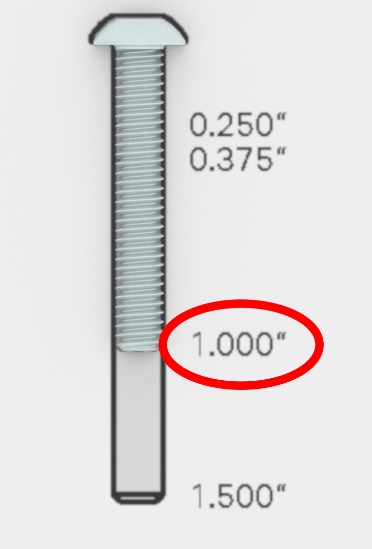 Close up of a screw from the EXP ruler with different screw measurements shown