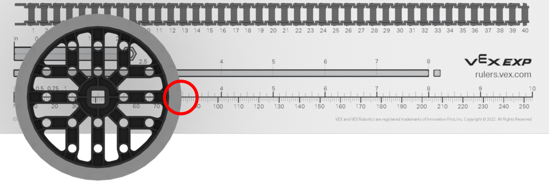 Printable VEX EXP parts ruler with labeled measurement scales for identifying wheel sizes