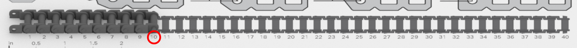 Printable VEX EXP parts ruler with measurement markings for identifying chain sizes