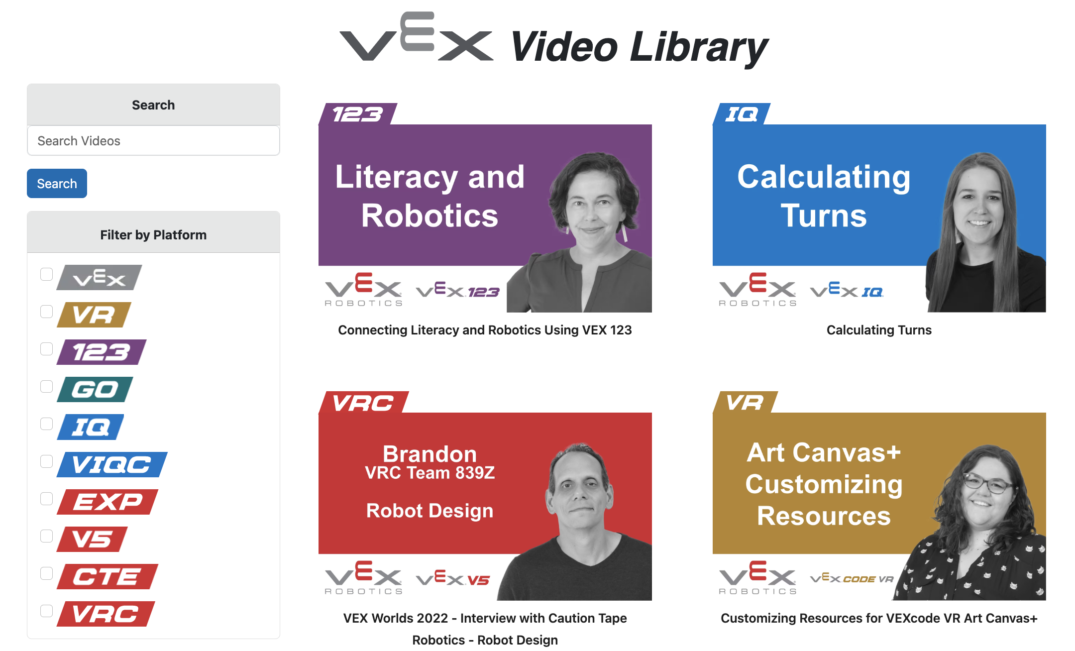 Thumbnails for videos in the VEX Video Library, with a side menu to sort videos by platform.