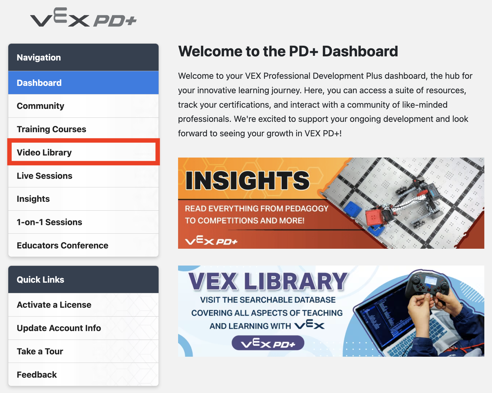 VEX PD+ Dashboard side menu with the VIdeo Library option highlighted.