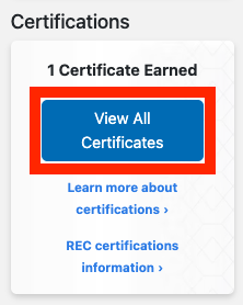 PD+ Dashboard Certifications section with the View All Certificates button highlighted.