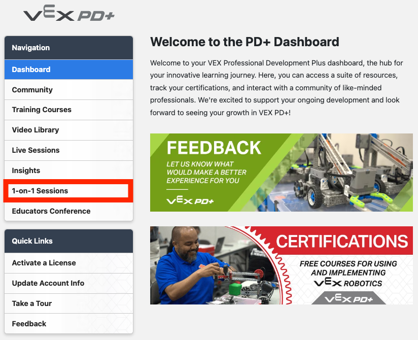 VEX PD+ 1-on-1 Sessions called out in the PD+ Navigation section