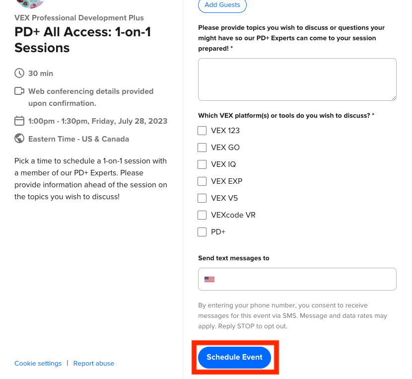  1-on-1 Sessions sign up form with the schedule event button highlighted