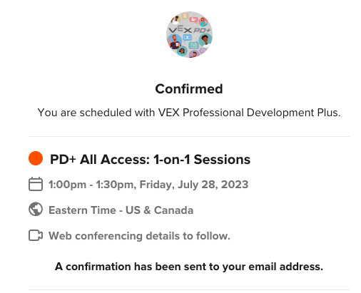 Pop up confirming a 1-on-1 Session has been scheduled, showing the date and time.