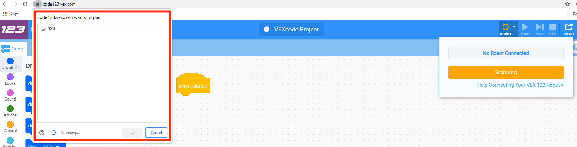 VEXcode 123 interface with the available Bluetooth devices listen, showing 123 in the list of options.