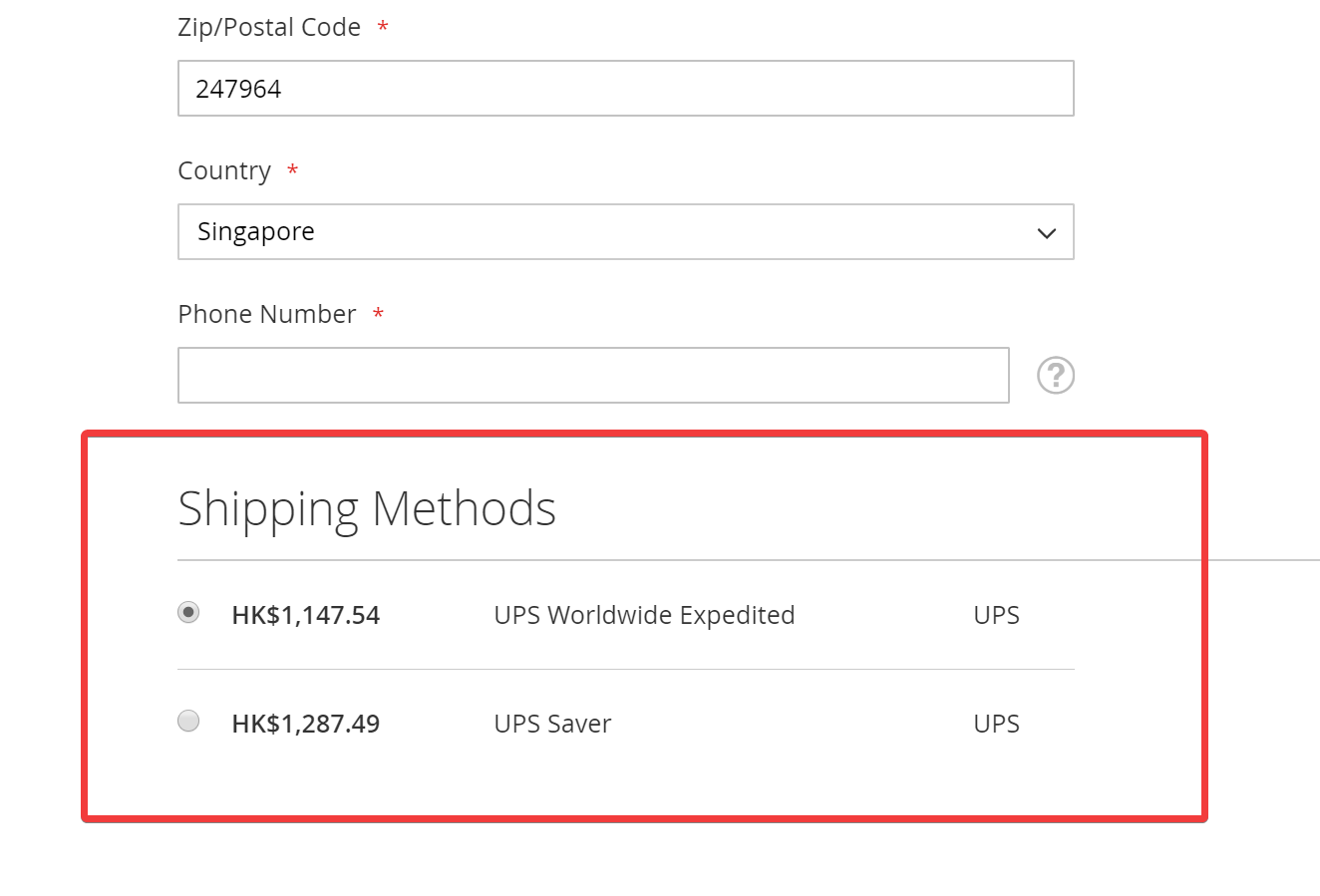 Shipping information fields for selecting an international shipping method and calculating shipping cost