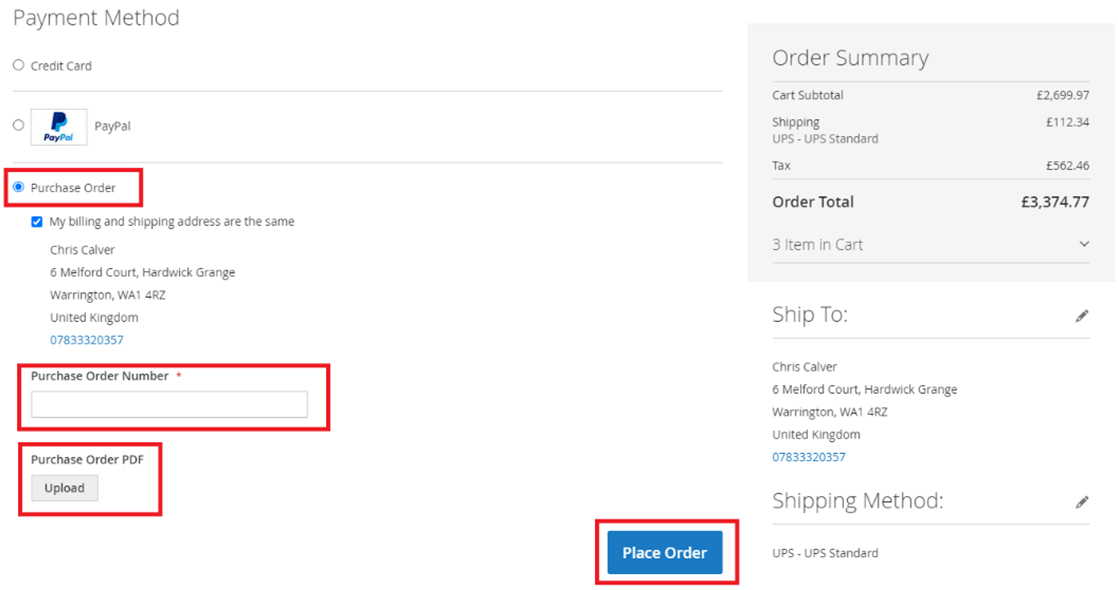 Payment options with the Purchase Order option selected and the Purchase order number text box and upload buttons highlighted on the lower left. On the lower right, the Place Order button is highlighted as well.