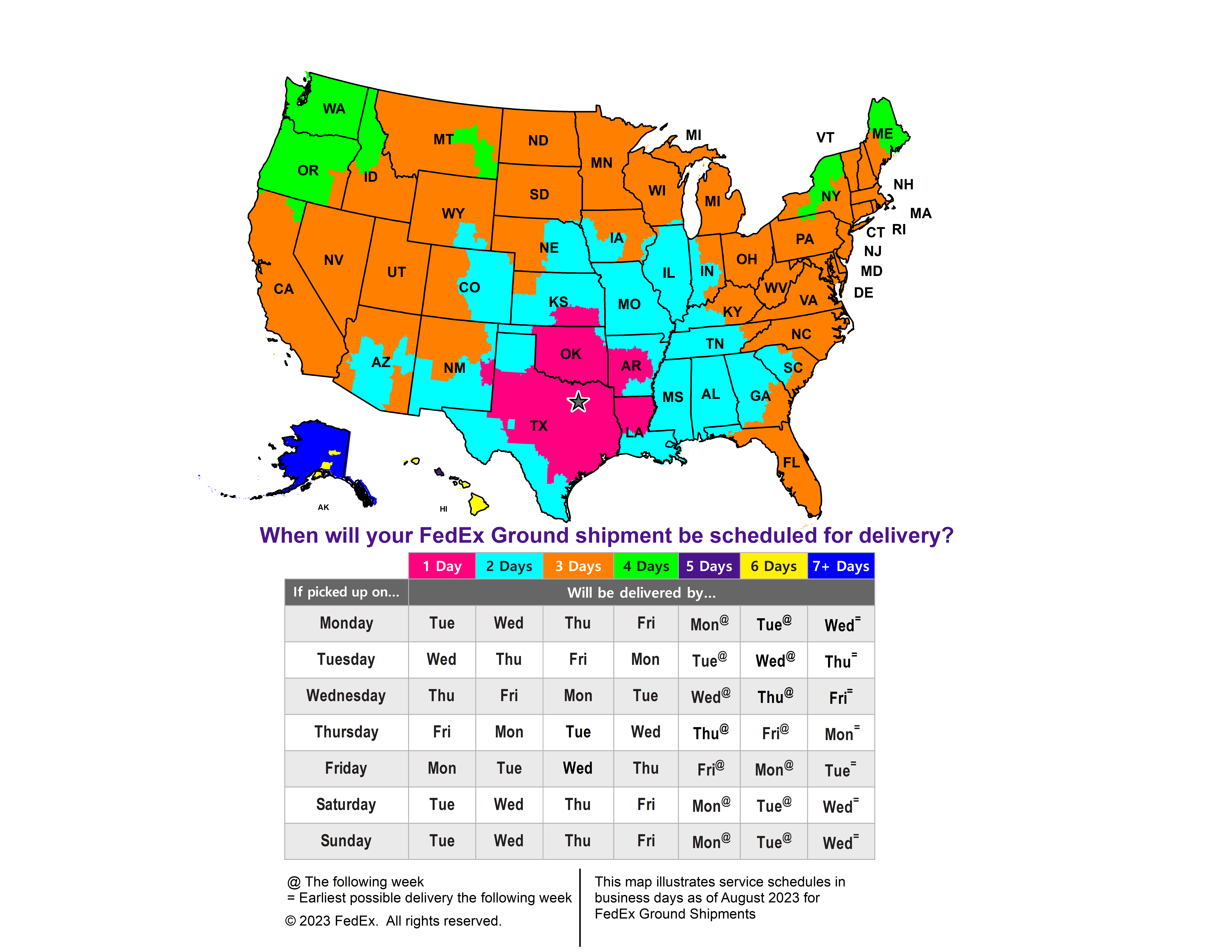 A map of the U.S. with color coded location ranges for 1 through 7+ day delivery. The majority of the map is indicated as 3 day delivery, with shorter delivery closer to Texas, and longer times further away from Texas.
