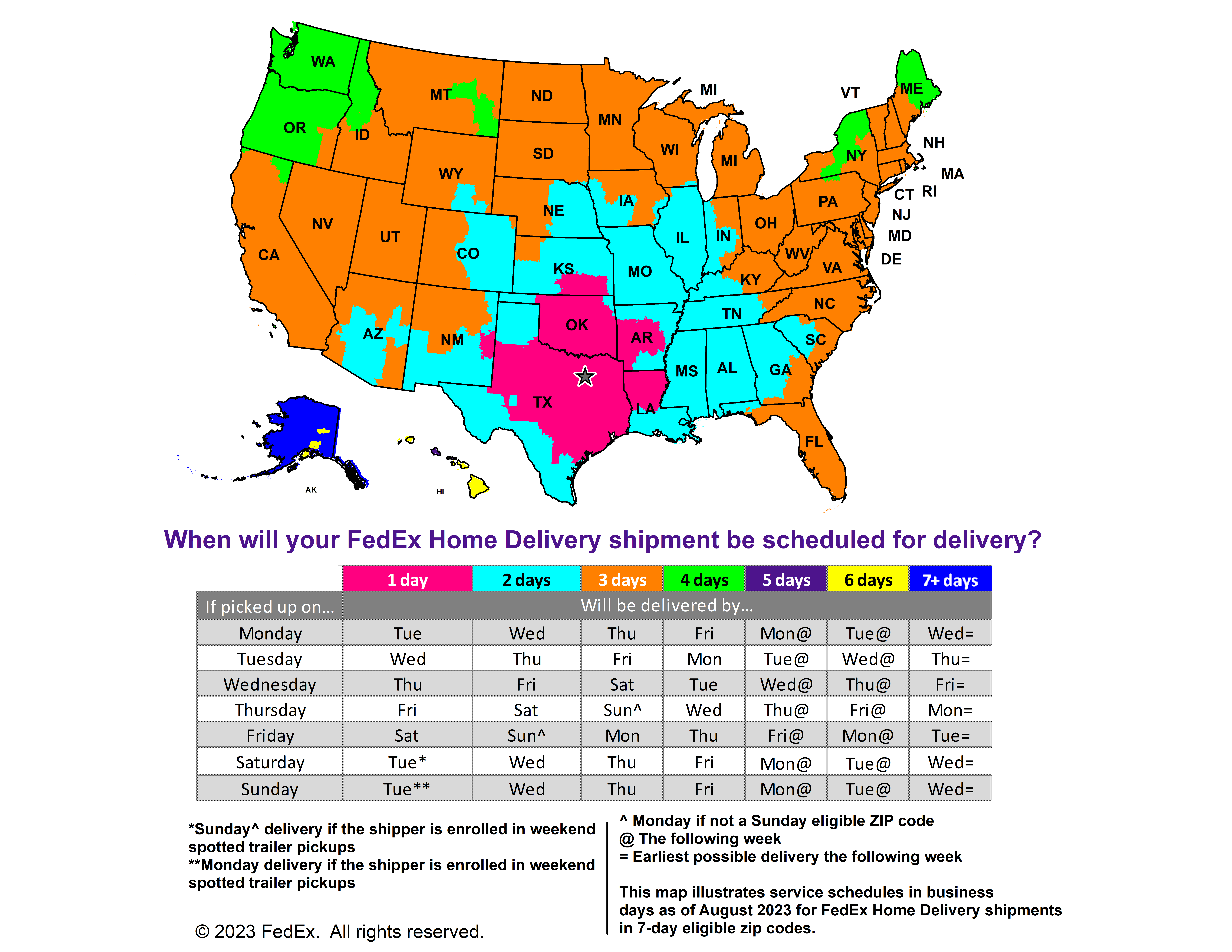 A map of the U.S. with color coded location ranges for 1 through 7+ day delivery. The majority of the map is indicated as 3 day delivery, with shorter delivery closer to Texas, and longer times further away from Texas.