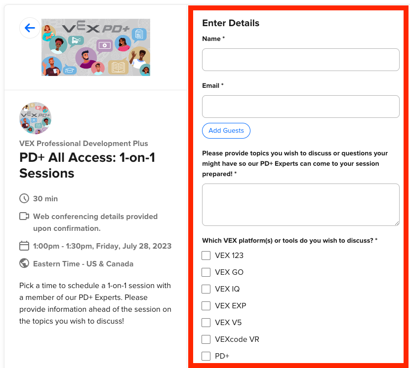 VEX PD+ 1-on-1 Sessions sign up page calendar with a form for entering details highlighted.