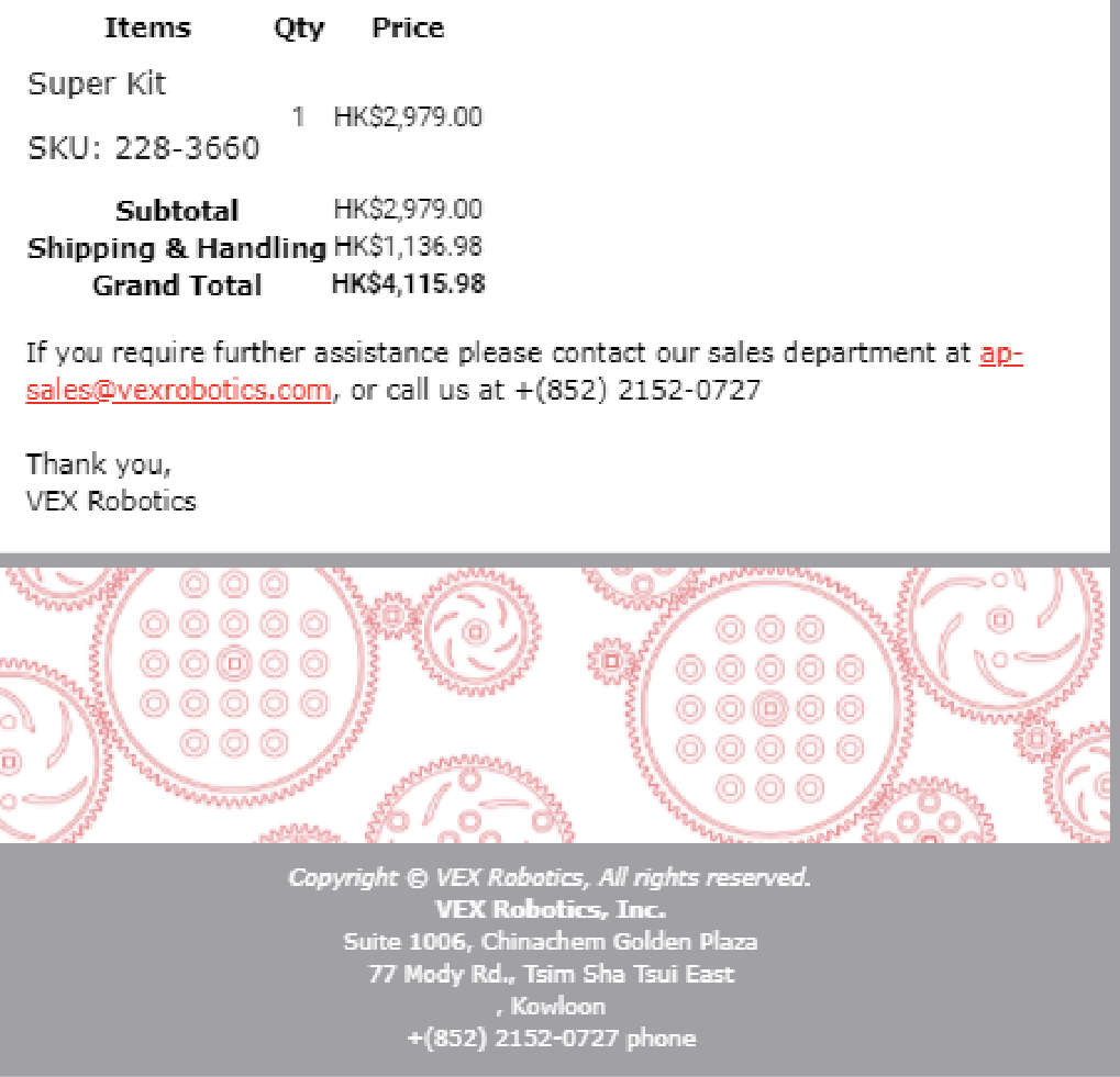 Example generated quote information showing the items to order and pricing.