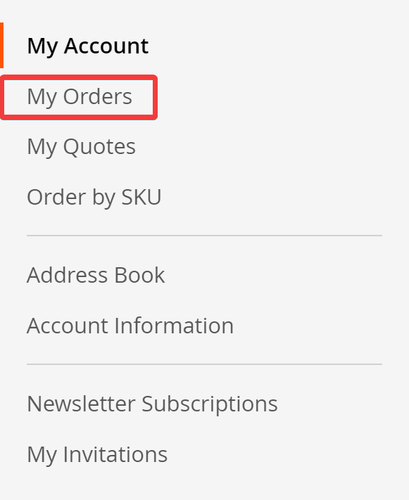 My Account menu options with My Orders highlighted.